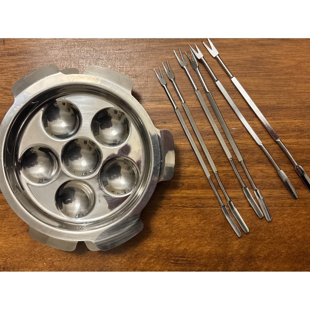 Lot Of 4 Escargot Plate Metal Dishes Snail‎ Oysters W/6 Utensils
